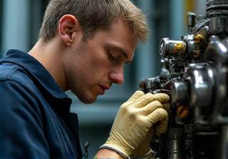 Maintenance worker performing detailed checks and repair on industrial machinery